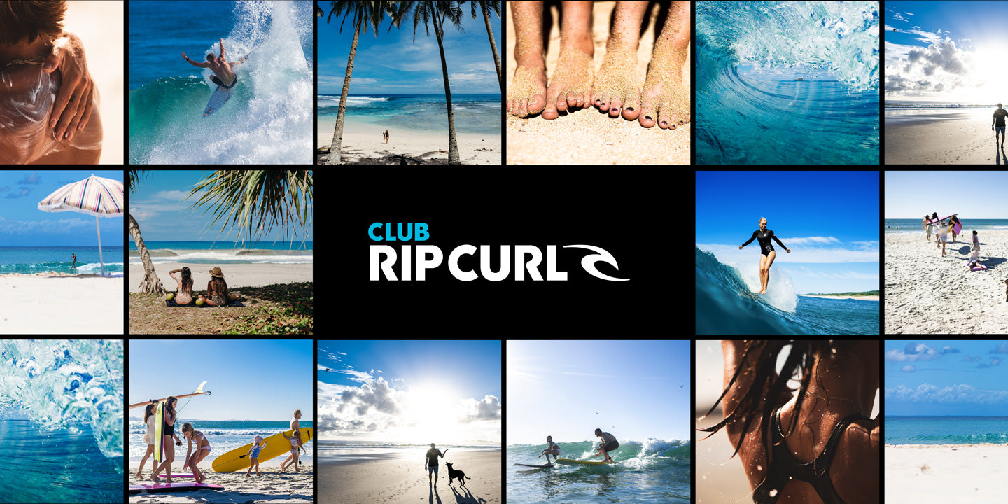 Collage of beach and surfing images with Rip Curl logo