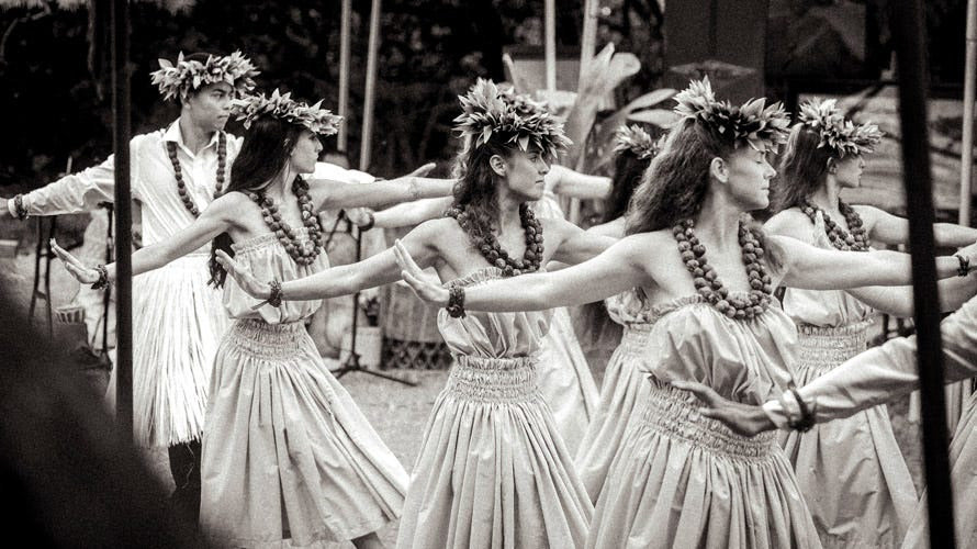 Black and white images of Hawaiian dancers