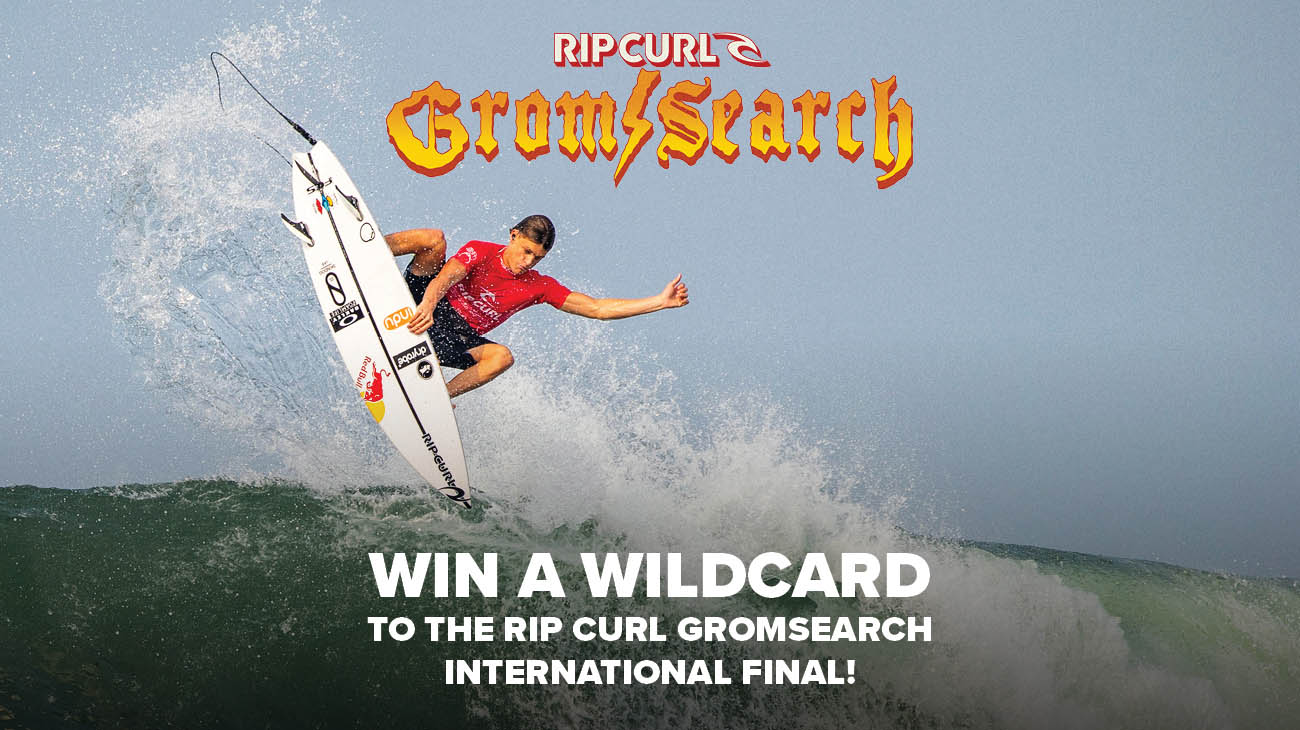 Surfer on a wave with Rip Curl GromSearch branding and promotional text.