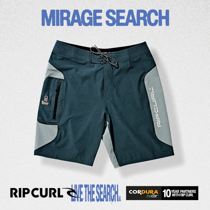 Blue and gray shorts with Rip Curl branding on a light gray background