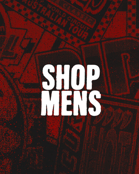 Red and black patterned fabric with 'Shop Mens' text overlay
