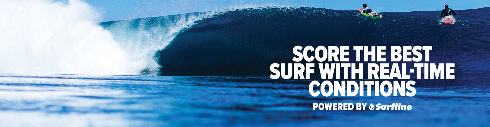 Surfers on a wave with text overlay about real-time surfing conditions.