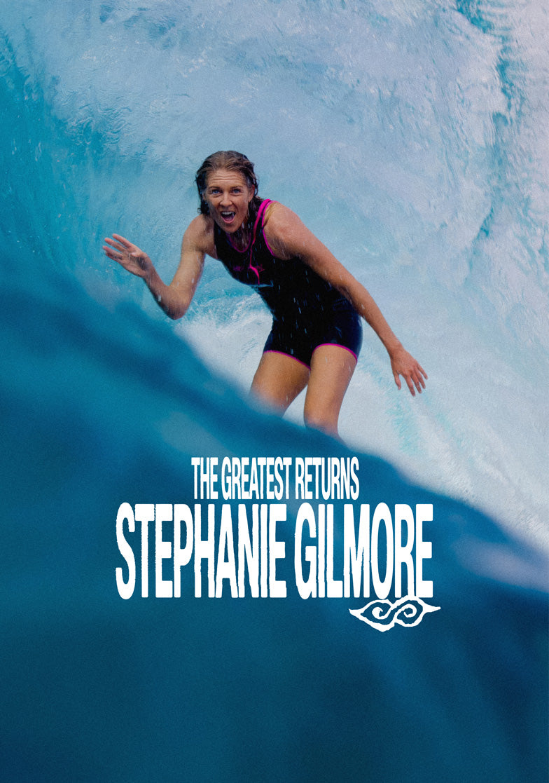 Surfer in action with text overlay 'The Greatest Returns Stephanie Gilmore' on a blue wave background