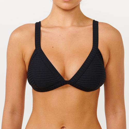 Black bikini top worn by a model on a white background
