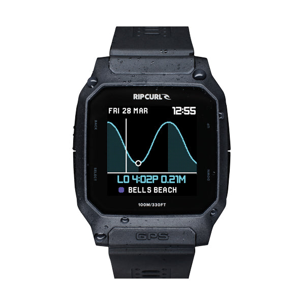 Black Rip Curl smartwatch with digital display on a white background