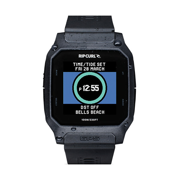 Black Rip Curl smartwatch with digital display on a white background