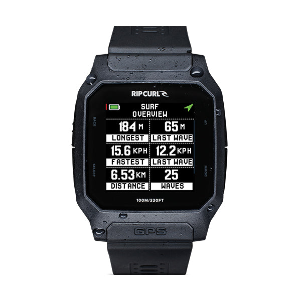 Black Rip Curl smartwatch with digital display on a white background