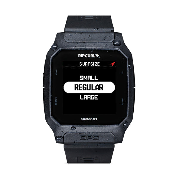 Black Rip Curl smartwatch with digital display on a white background
