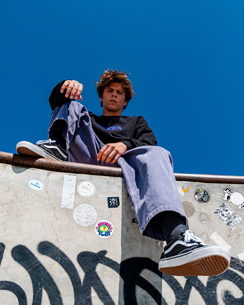 Rip Crew crew wearing black and purple jumper on the edge of a skate park