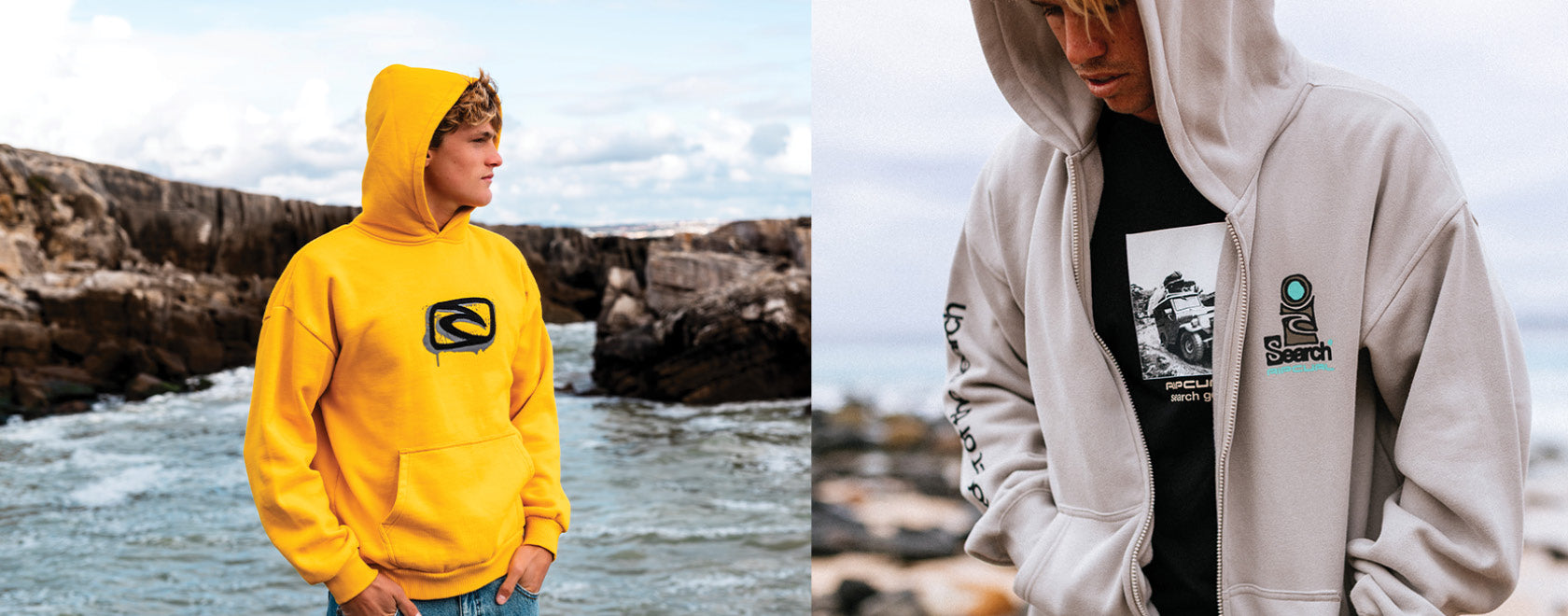 Person wearing a yellow hoodie with a logo by a rocky coastline, followed by a person wearing a light gray hoodie with a graphic design.