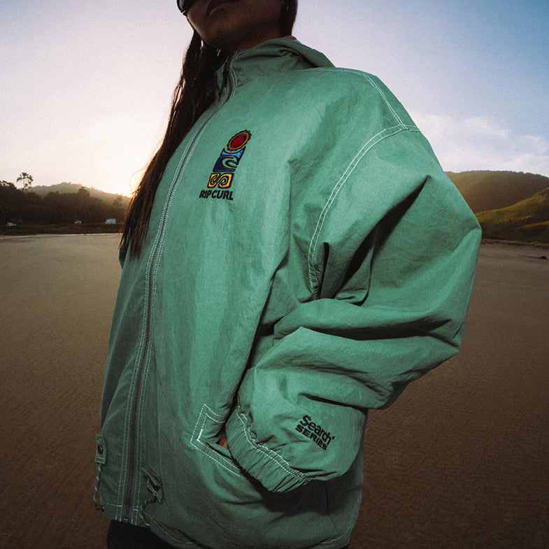 Close up image of a green Rip Curl jacket