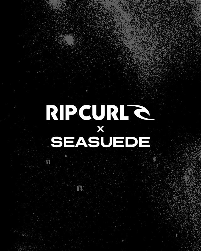 Black and white graphic featuring the text 'RIP CURL x SEASUEDE' with a wave logo, centered on a dark textured background.