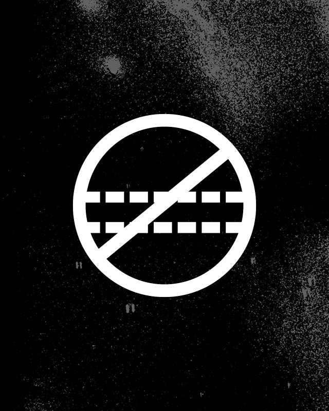 A white circular prohibition symbol with a diagonal slash over a dashed rectangular shape, centered on a black textured background.