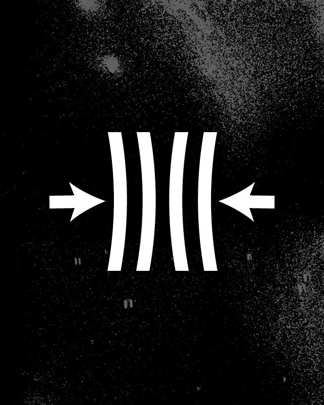 A black-and-white graphic showing four vertical curved bars between two white arrows pointing inward, on a dark textured background.
