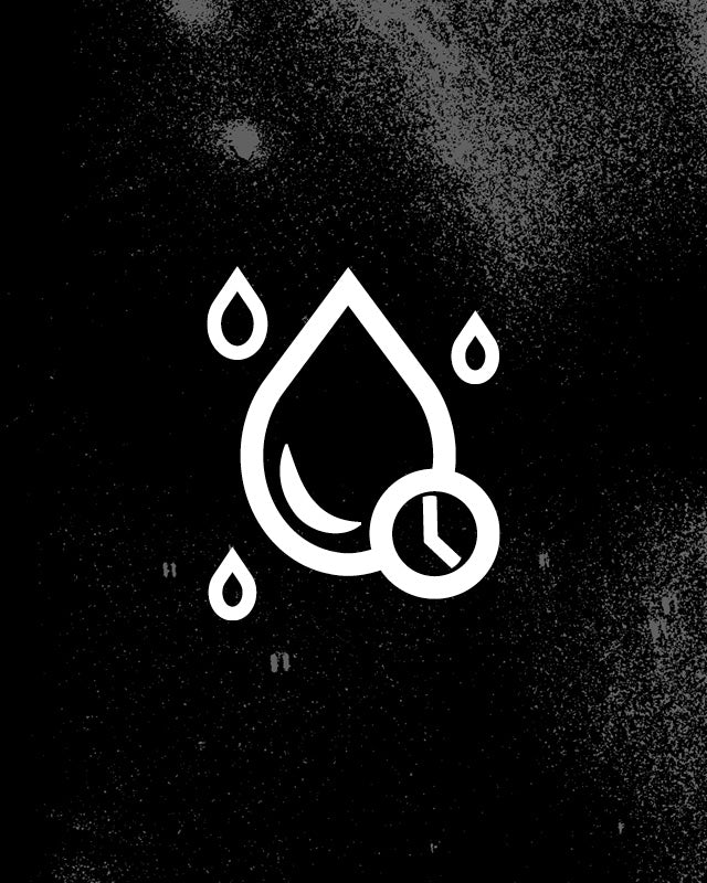 A white minimalist icon depicting a water droplet with a clock and small rain drops, centered on a textured black background.
