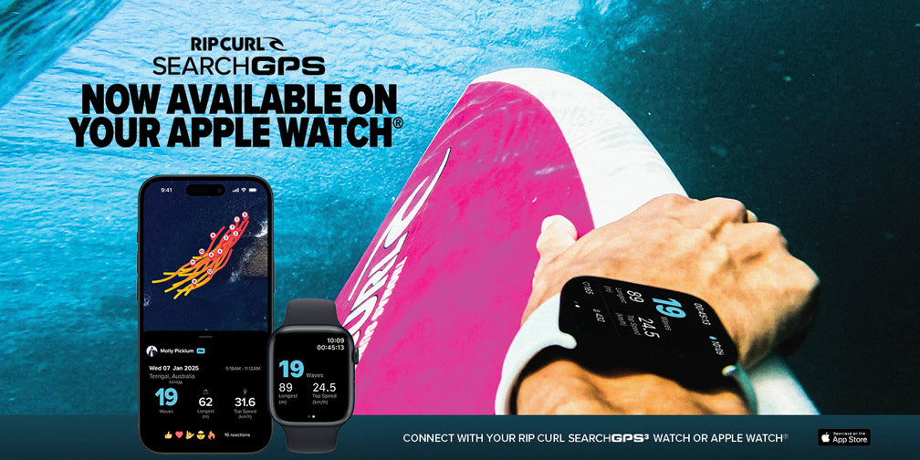 Advertisement for Rip Curl Search GPS app on Apple Watch with a person underwater holding a surfboard.